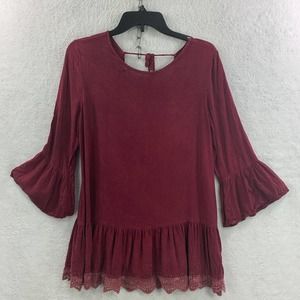 Altar'd State Peasant Top 3/4 Bell Sleeve Red Crochet Boho Blouse Rayon Soft